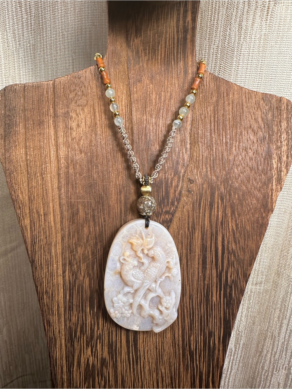 Coral Fossil Birds Pendant with Ocean Jasper on Adjustable Rope - Picture 4 of 15